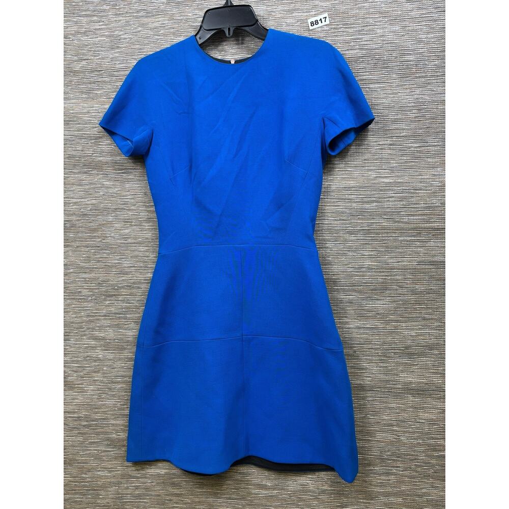 Victoria Beckham Dress Womens 6 Blue Short Sleeve Silk Wool Sheath Mini Workwear